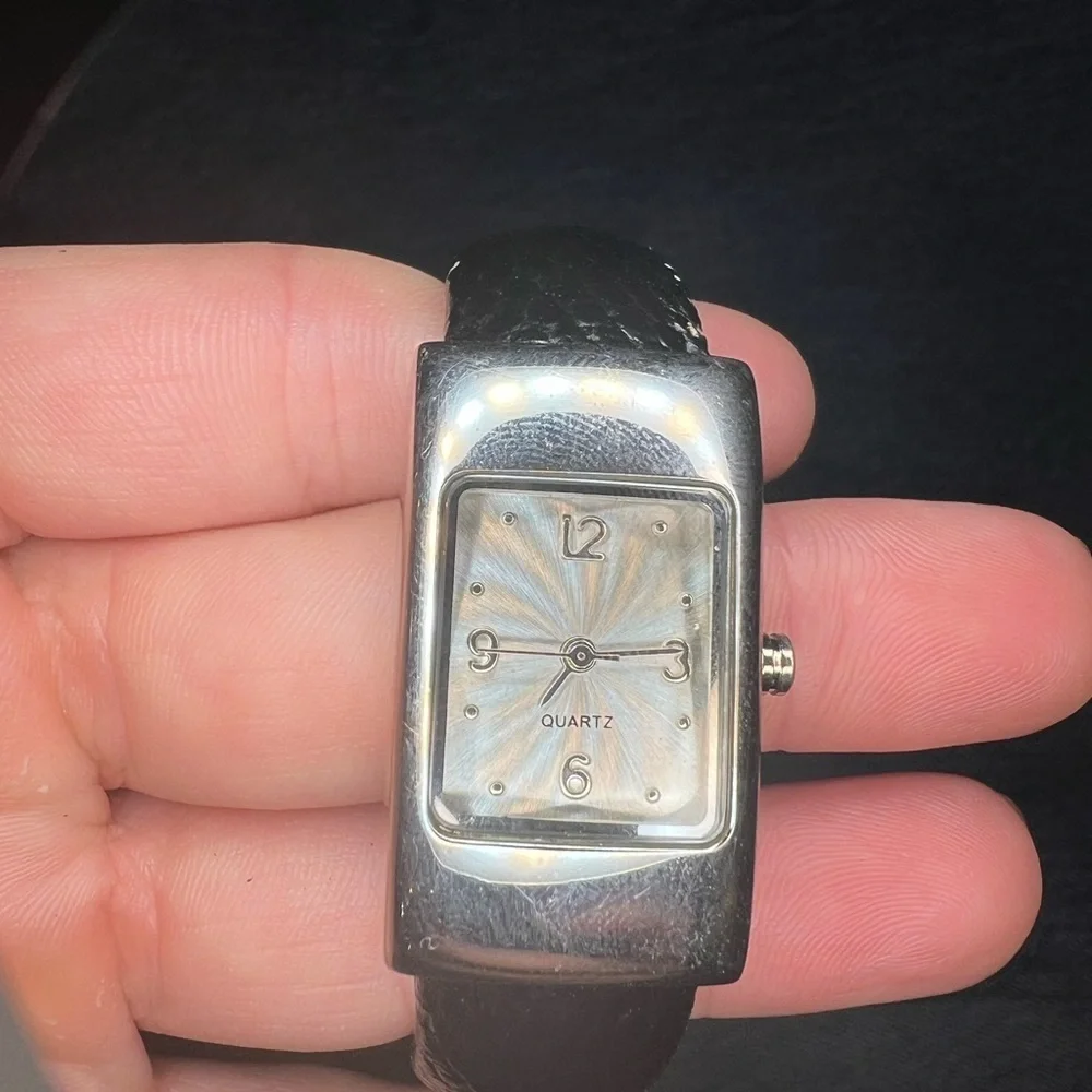 Vintage Geneva Silver and Black Rectangular Cuff Watch